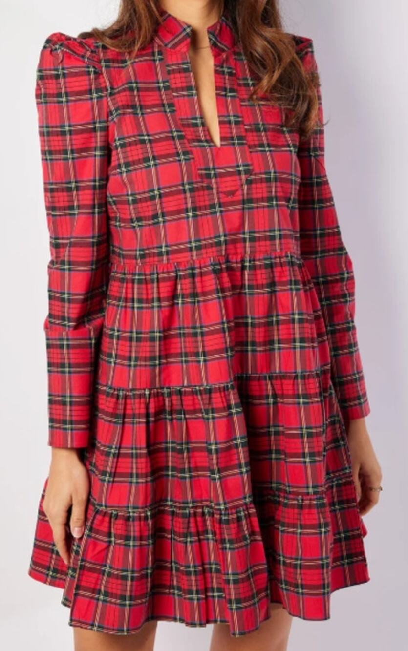 STS Sail to Sable Red Tartan Plaid Long Sleeve Tunic Flare Dress Womens Medium